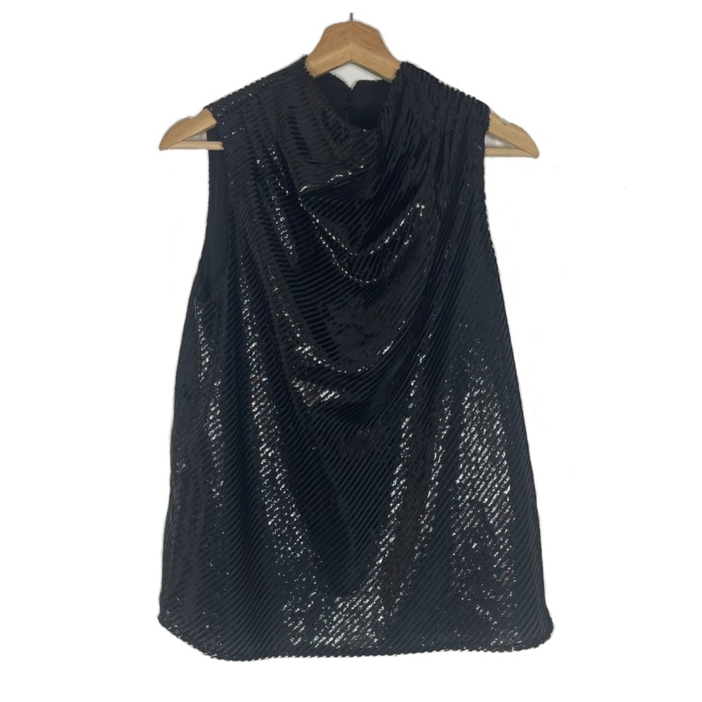 Trina Turk Draped Neck Striped Metallic Top Sleeveless Black Sz S